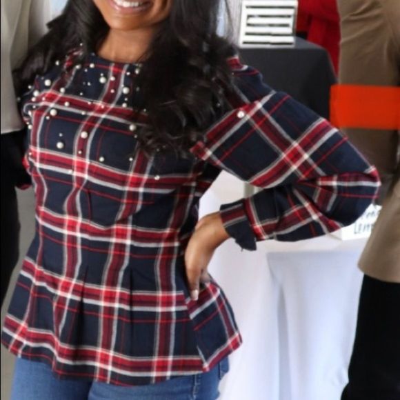 H&M Pearl Embellished Plaid Blouse - Picture 5 of 6
